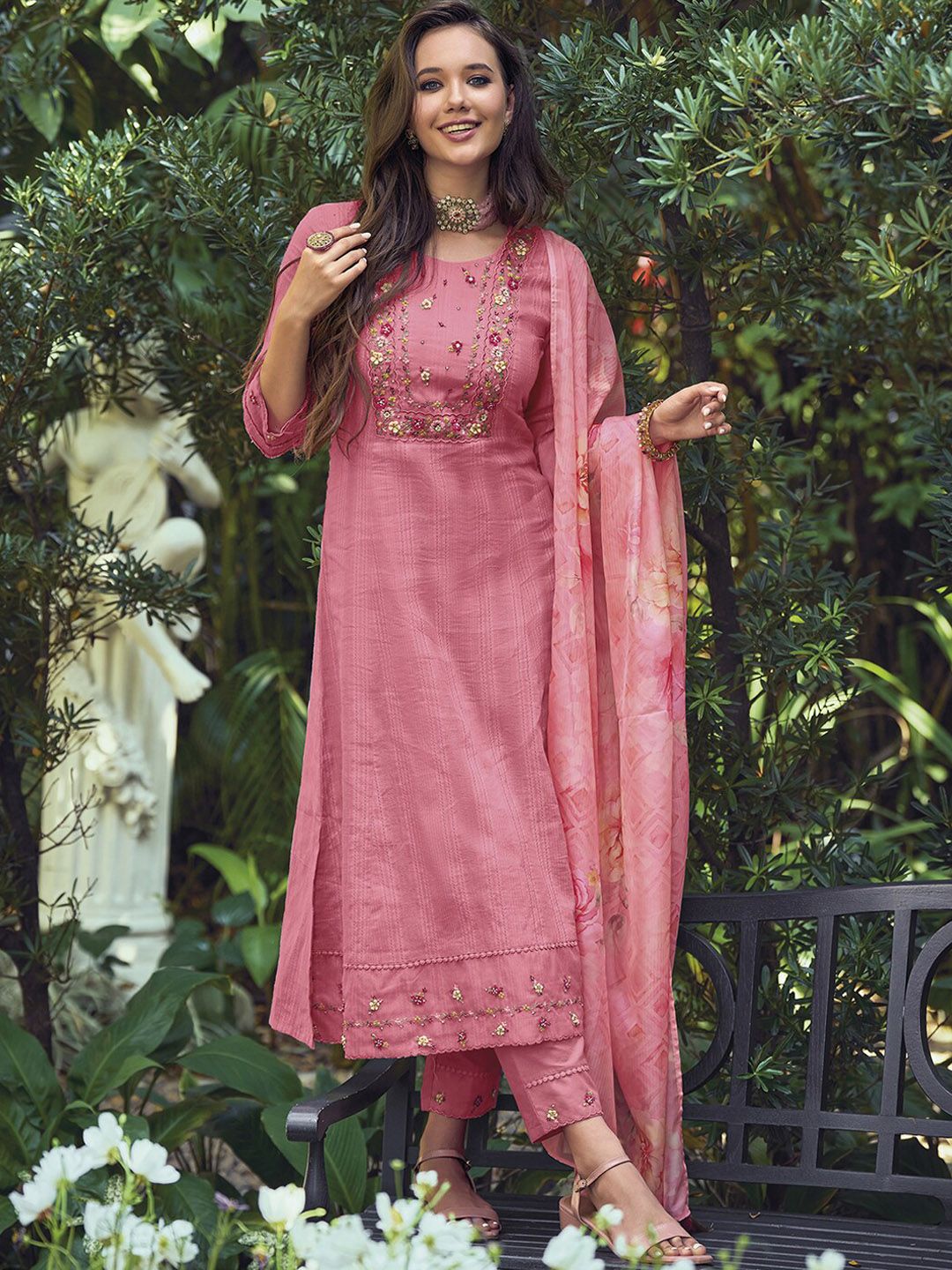 Indo Era Pink Floral Embroidered Pure Cotton Kurta With Trousers & Dupatta Price in India