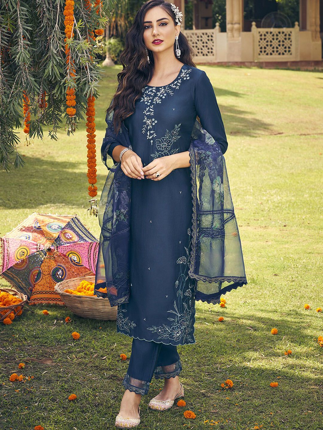 Indo Era Teal Blue & Gold-Toned Floral Sequinned Embroidered Kurta With Trousers & Dupatta Price in India