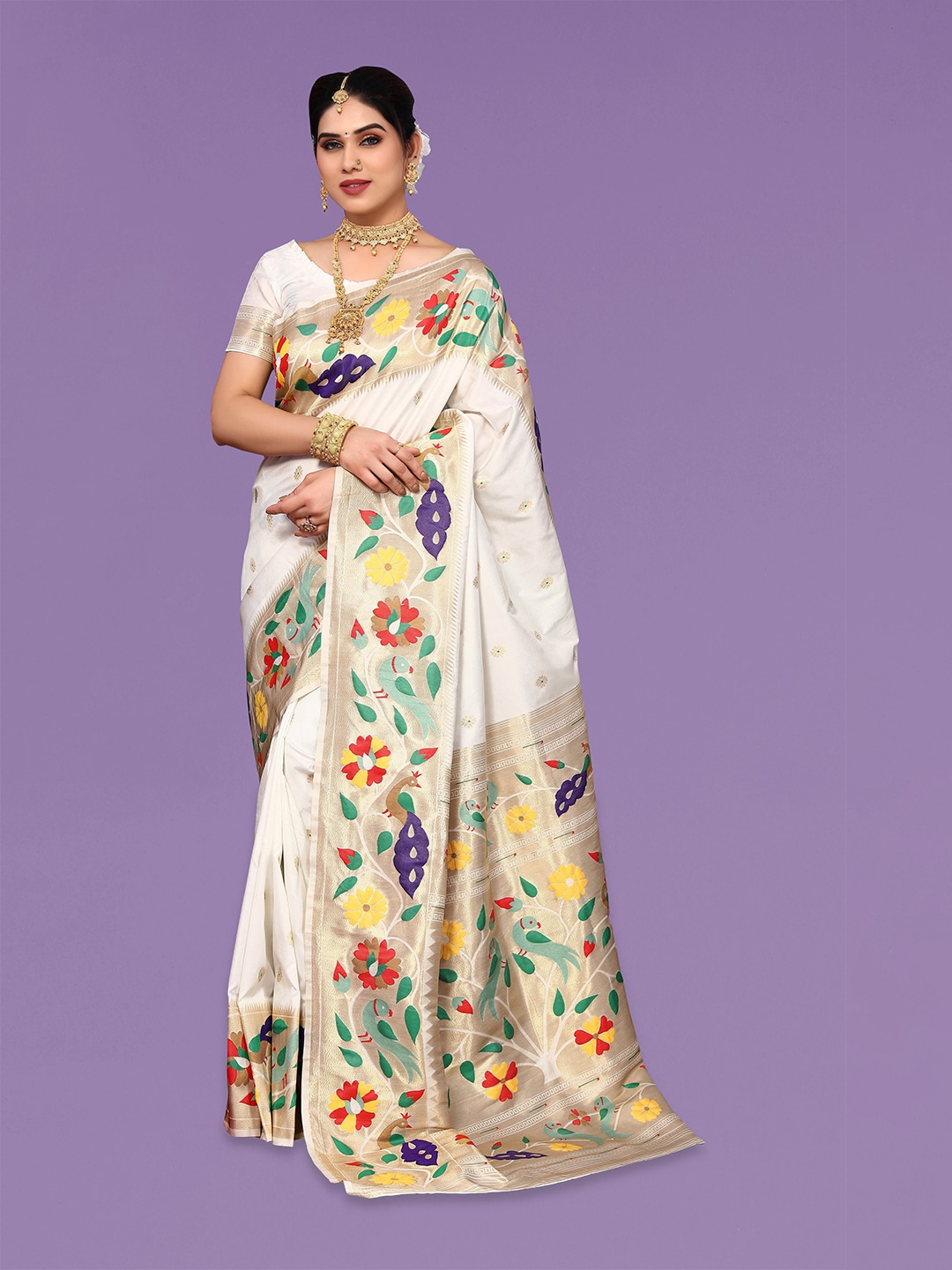 Ekta Textiles White & Yellow Woven Design Zari Pure Silk Banarasi Saree Price in India
