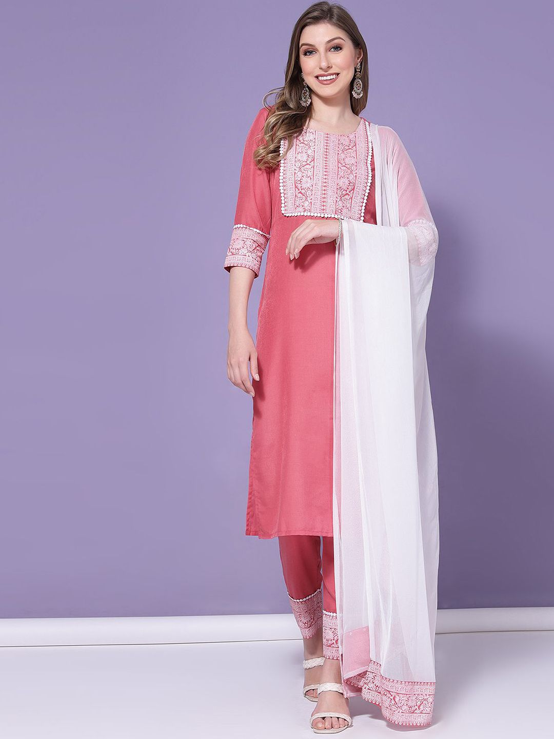 KALINI Ethnic Motifs Yoke Design Regular Thread Work Kurta with Trousers & Dupatta Price in India