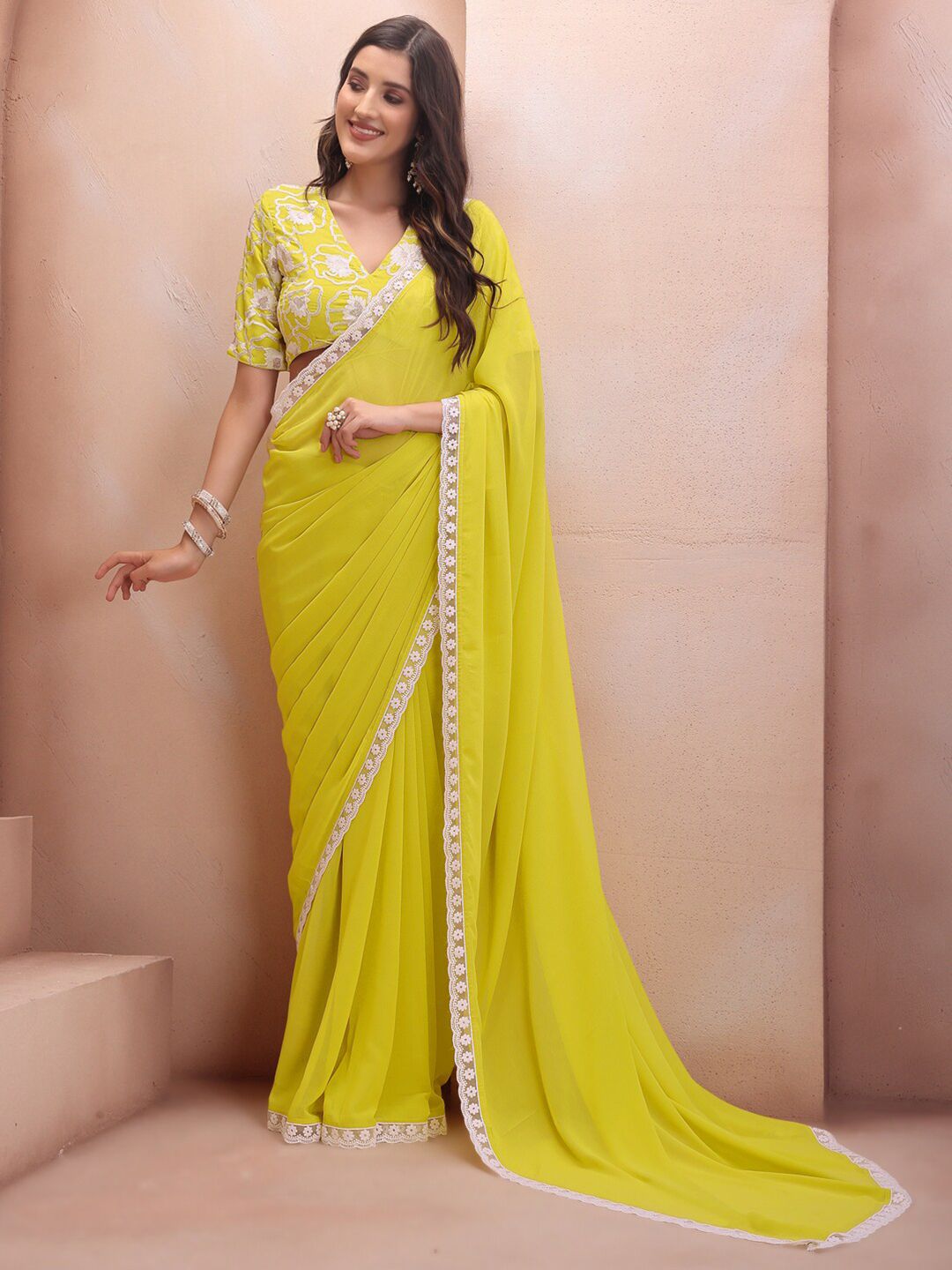 Inddus Yellow & White Embroidered Border Saree Price in India
