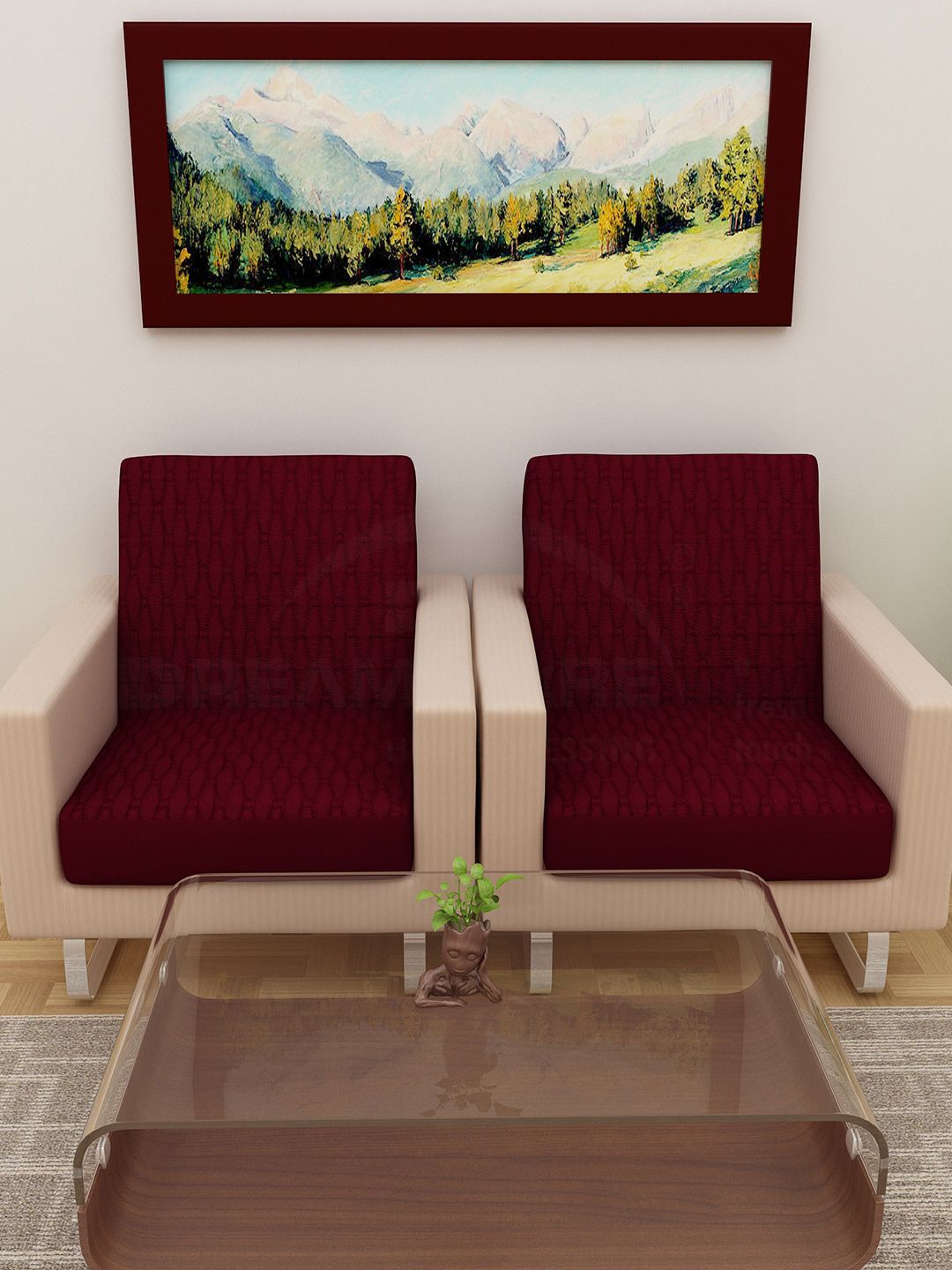 DREAM CARE 3 Layered Maroon Geometric Polyester 4PC Straight 2 Seater Sofa Cover-23x23In