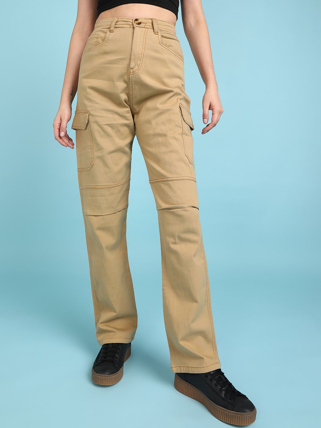 MONTREZ Women Straight Fit High-Rise Plain Cotton Cargo Trousers Price in India