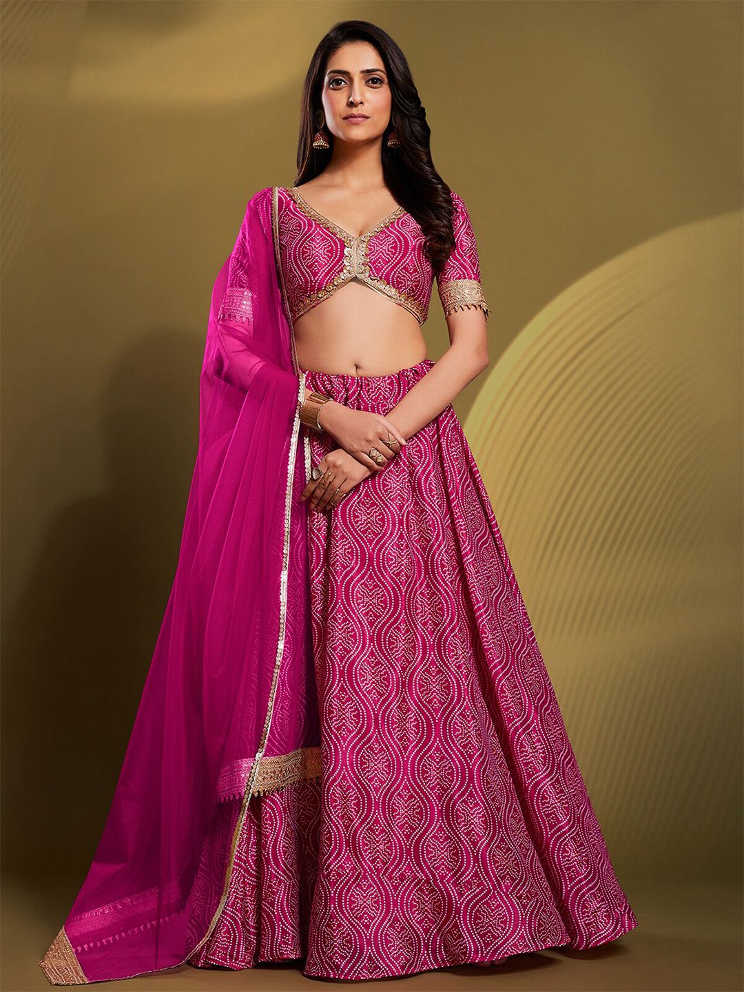 ODETTE Pink & Gold-Toned Printed Semi-Stitched Lehenga & Unstitched Blouse With Dupatta Price in India