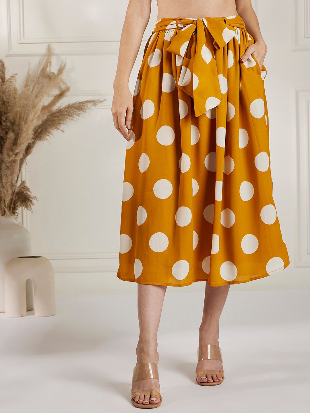 Marie Claire Mustard Yellow Polka Dot Printed Flared Midi Skirt Price in India
