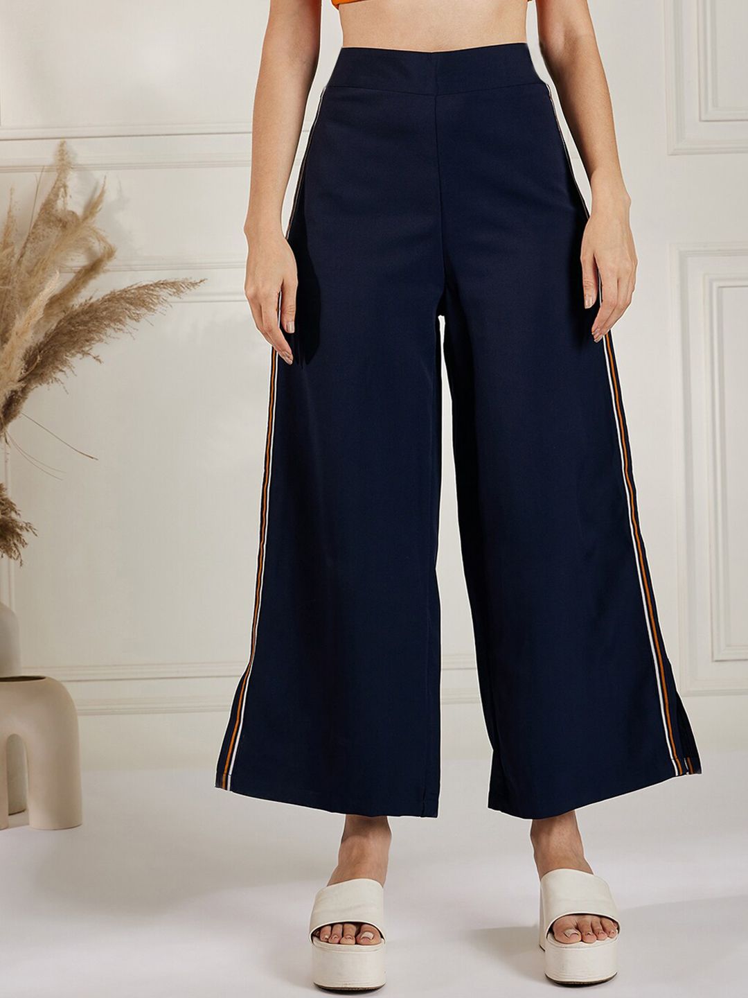 Marie Claire Women Navy Blue High-Rise Plain Parallel Trousers Price in India