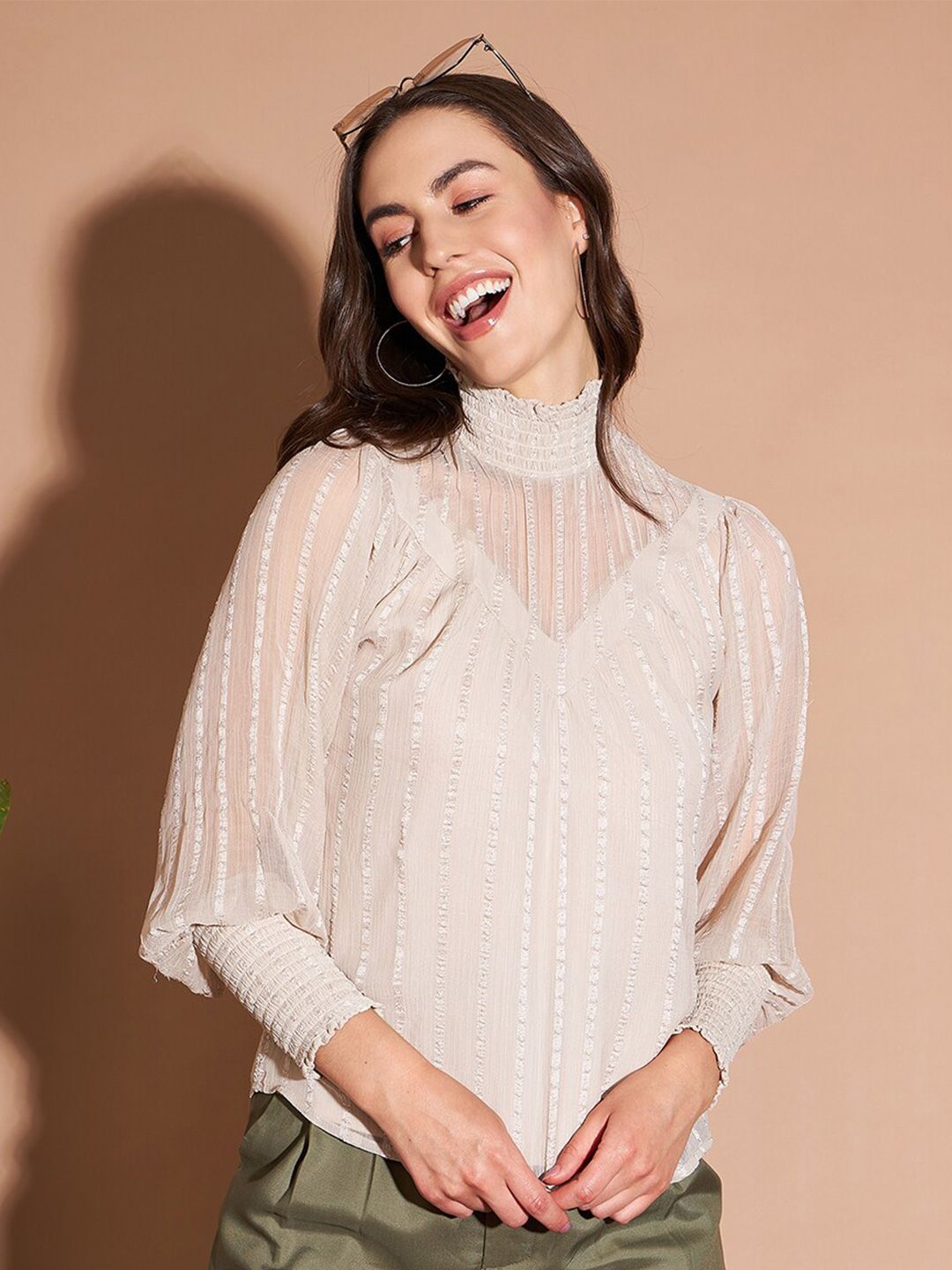 Buy Marie Claire Cream-Coloured Smocked High Neck Self Designed