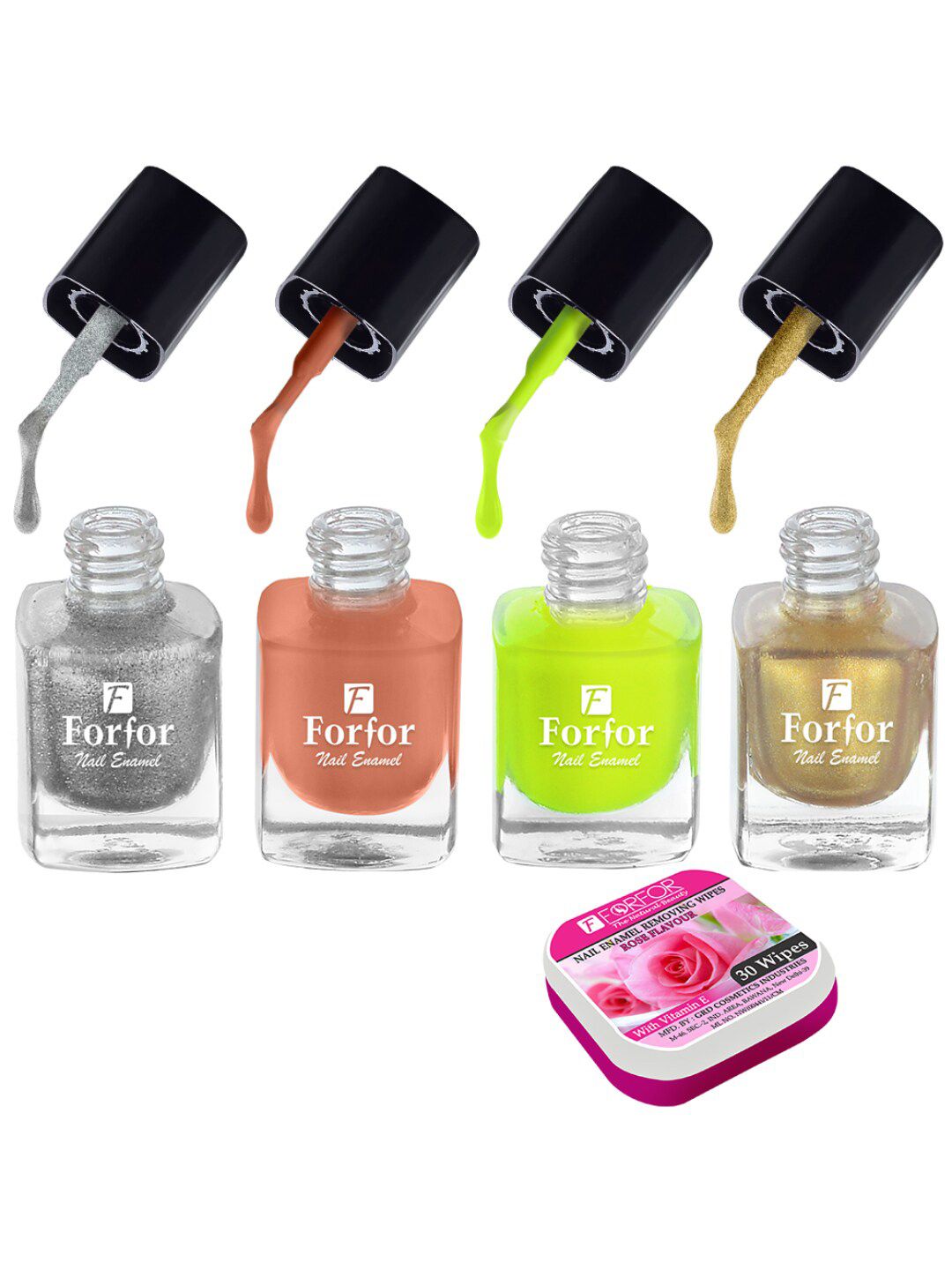 FORFOR Set of 4 Perfect Stay Fast Dry Glossy Nail Enamel - 5ml each & 30 Removal Wipes