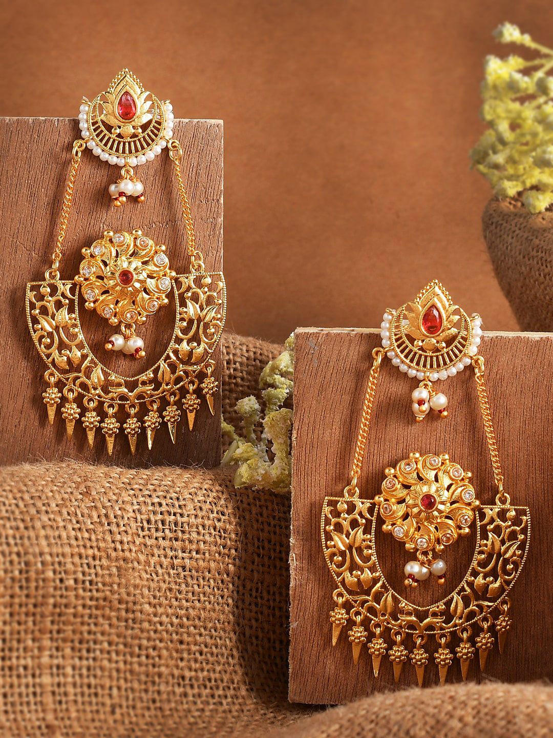 Gold-Pleated Drop Earrings Abharan Red Stones and Pearls Opulent Drop Earrings