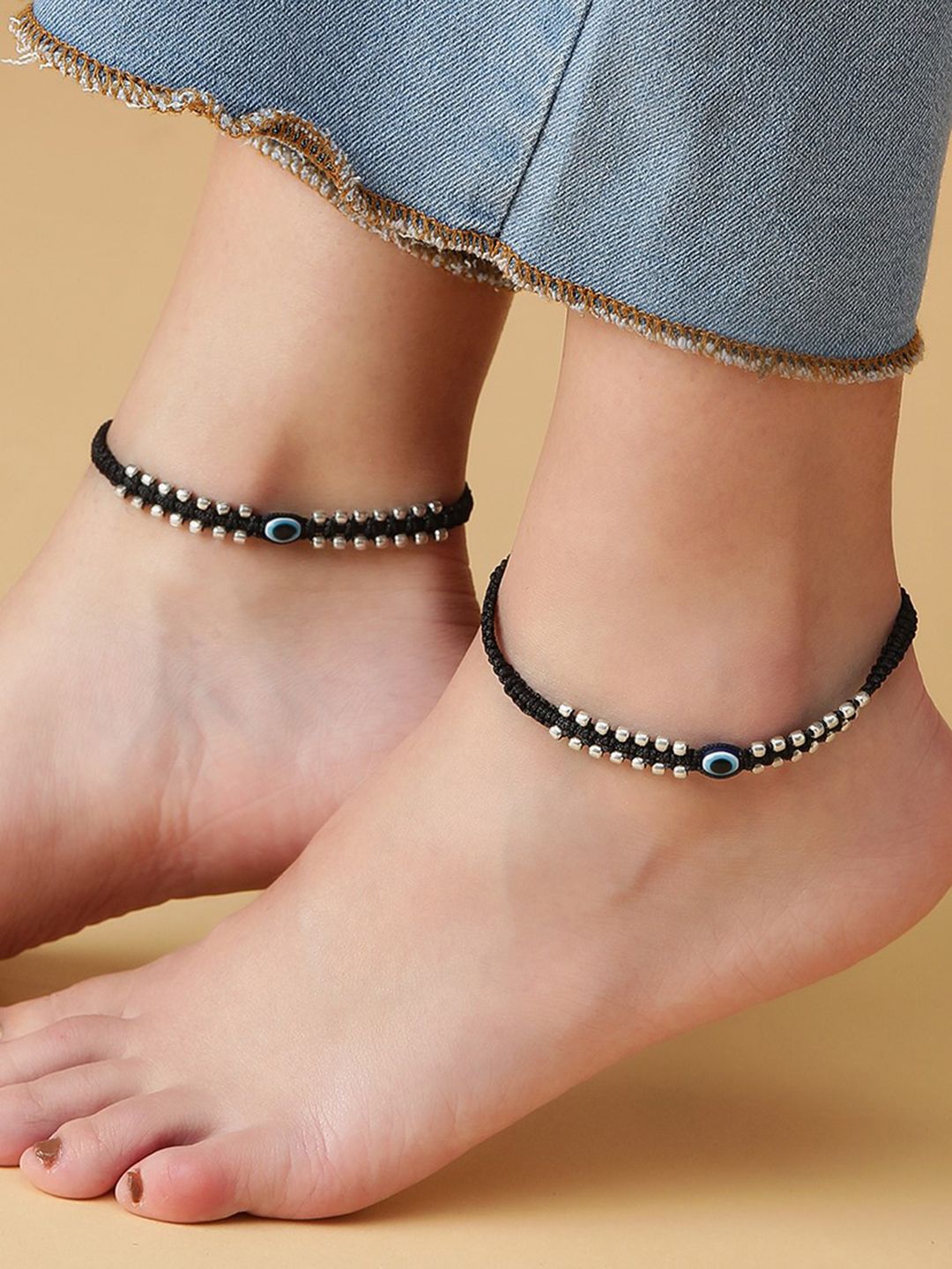Buy Zavya Pack Of 2 Silver-Plated Evil Eye 925 Pure Silver Anklets