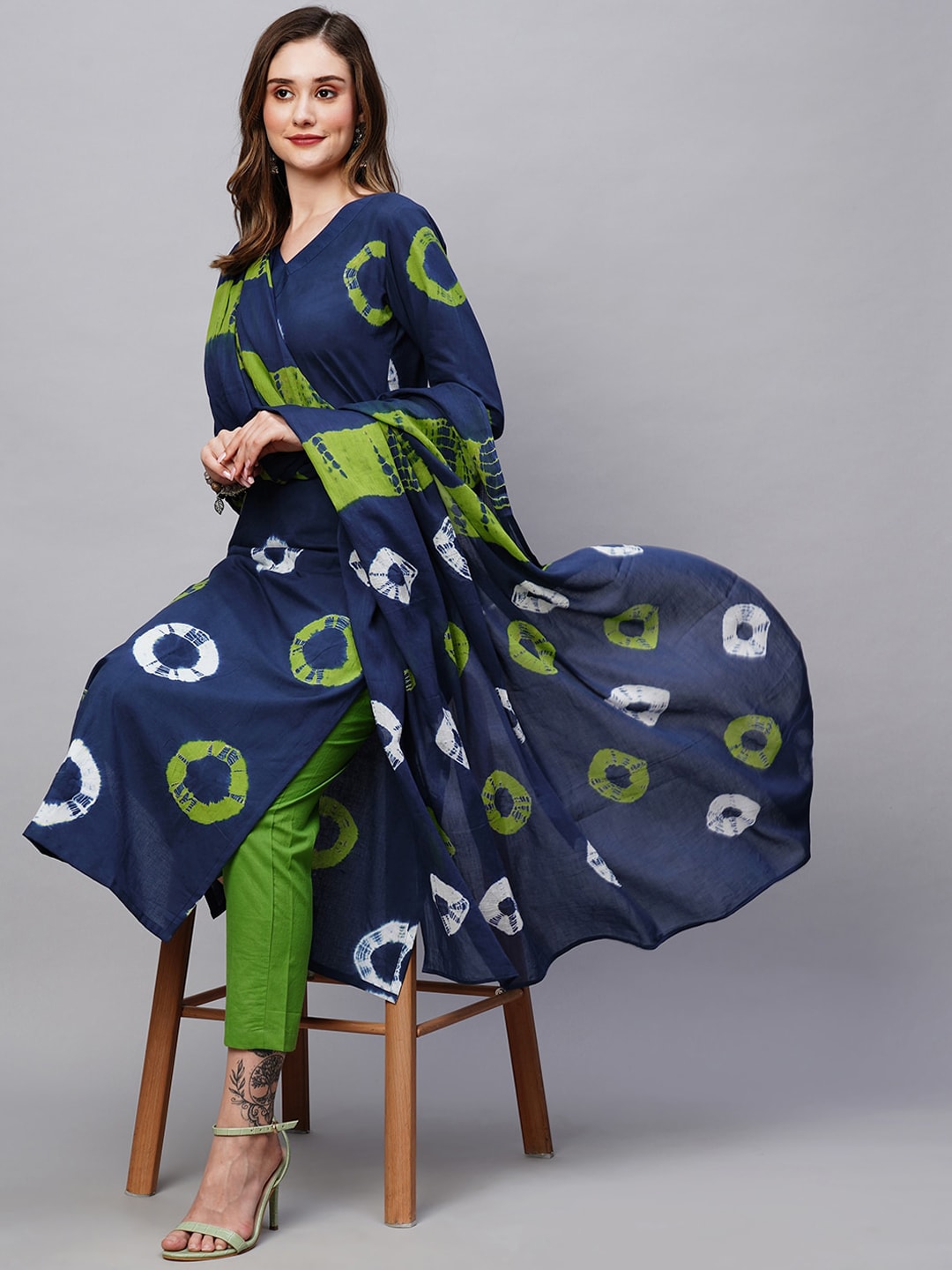 KALINI Bandhani Dyed Kurta with Trousers & Dupatta Price in India