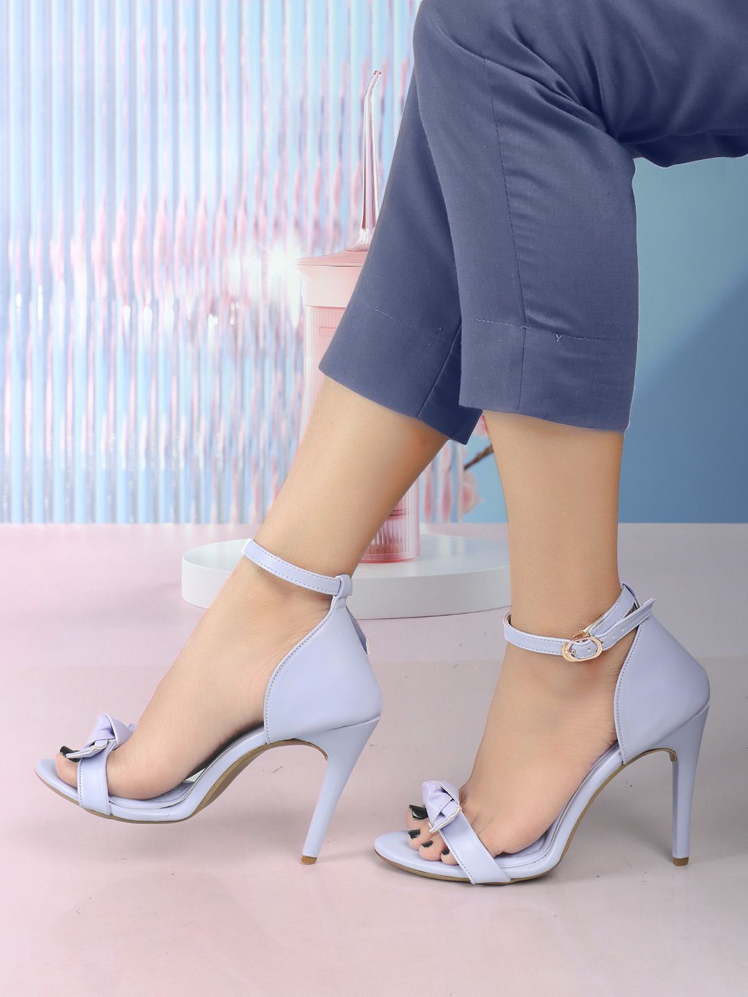 ELLE Open Toe Party Stiletto Heels With Bows & Ankle Loop