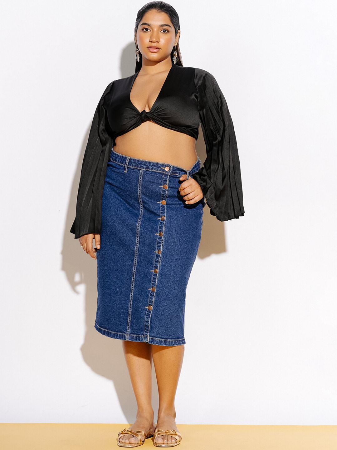 FREAKINS Plus Size Blue Straight Knee Length Pure Cotton Straight Skirt Price in India