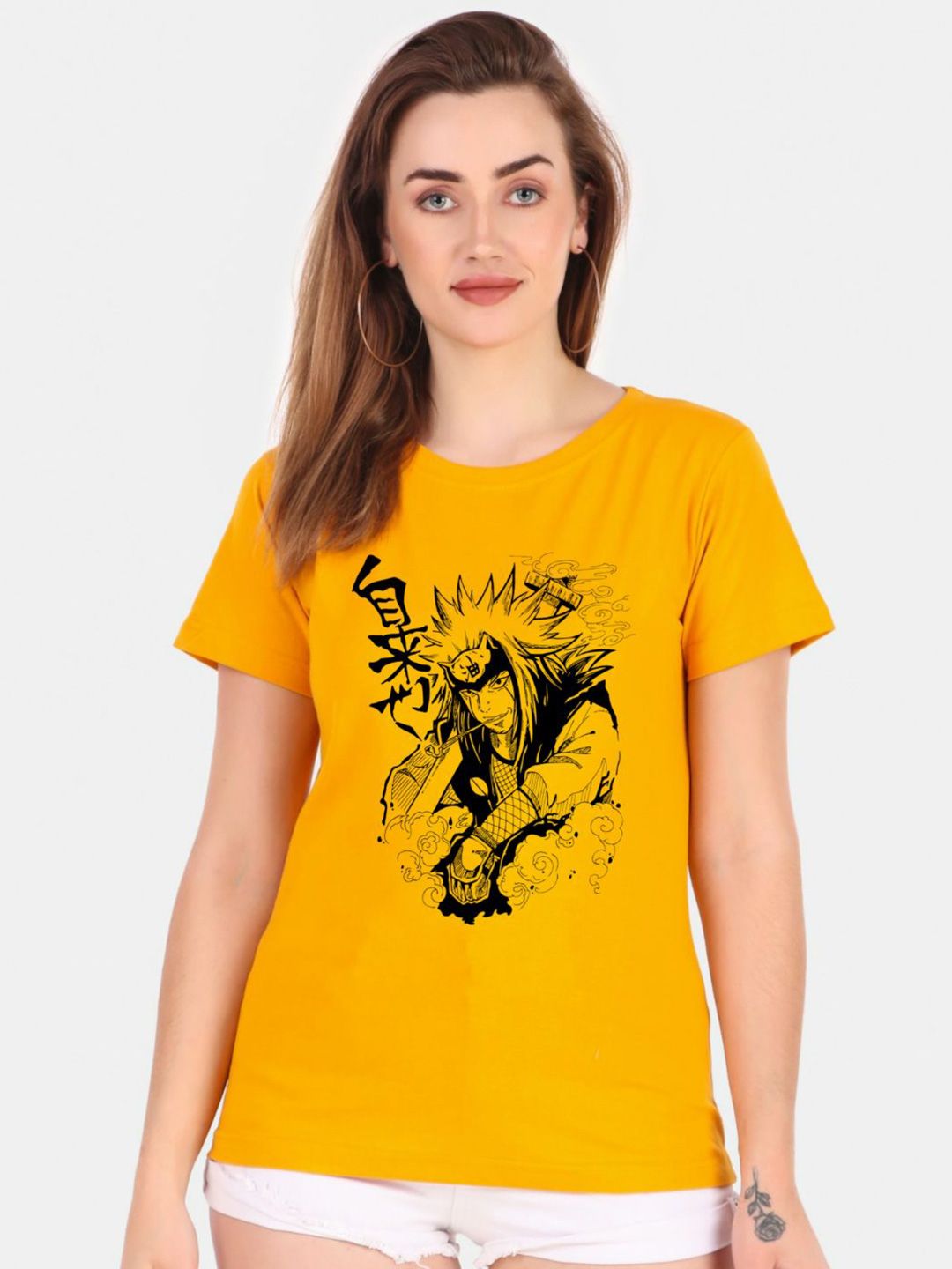 TRENDY RABBIT Women Mustard Yellow Printed Extended Sleeves T-shirt Price in India