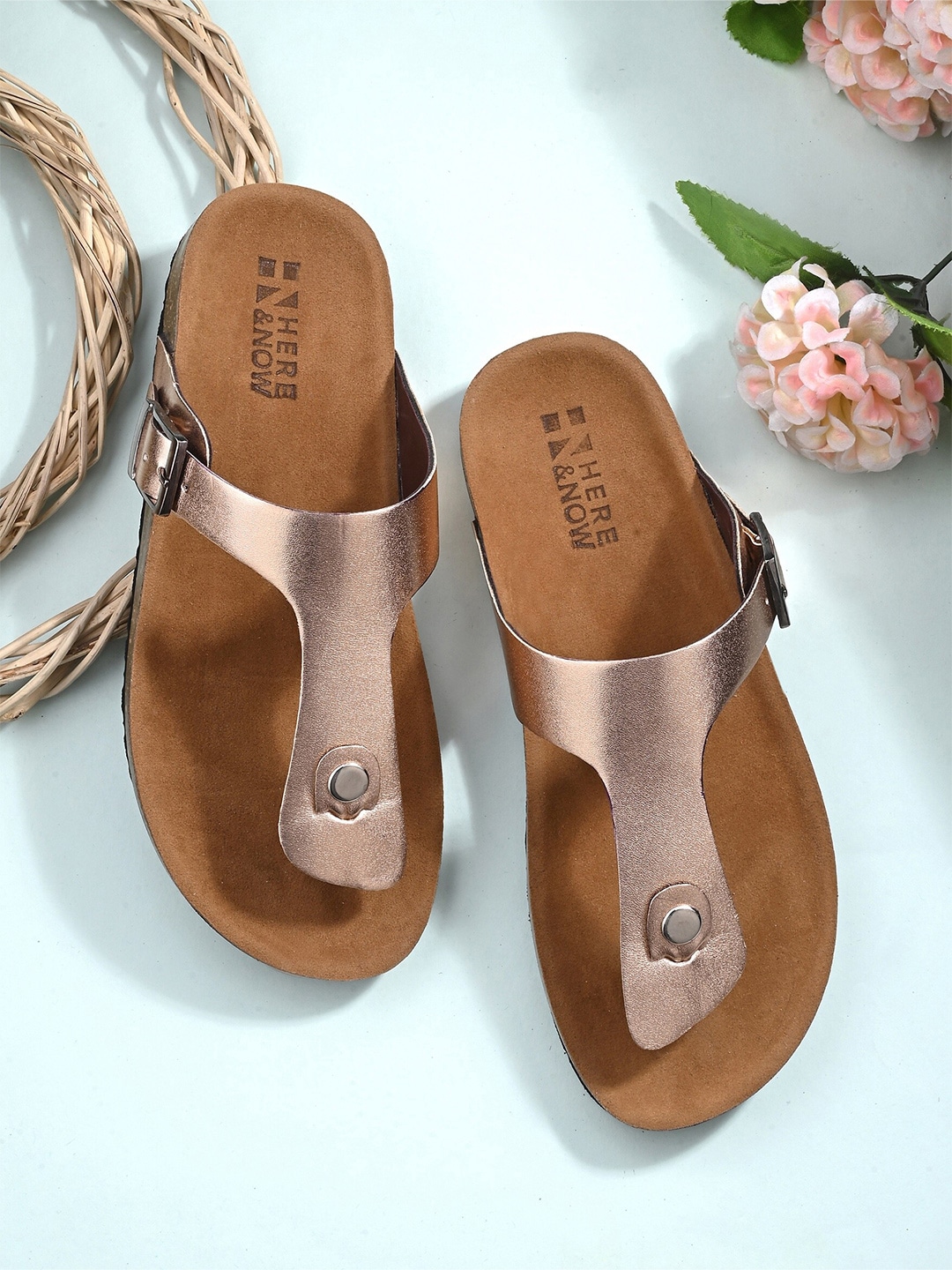 HERE&NOW Gold-Toned Textured T-Strap Flats Price in India