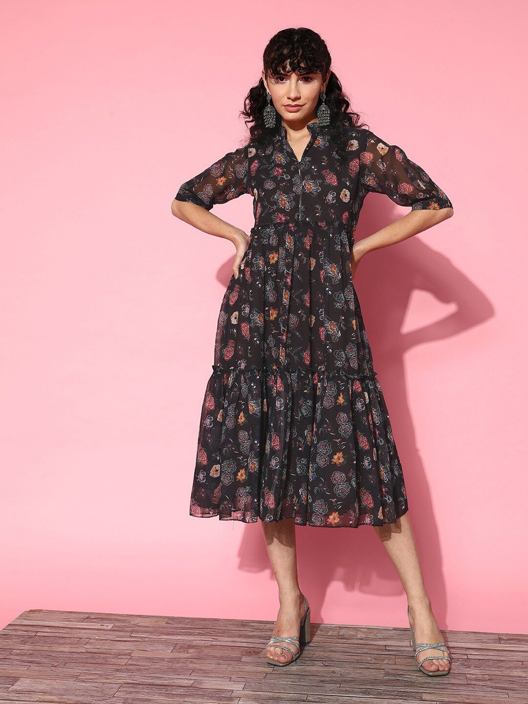KALINI Grey Floral Print Georgette A-Line Midi Dress Price in India