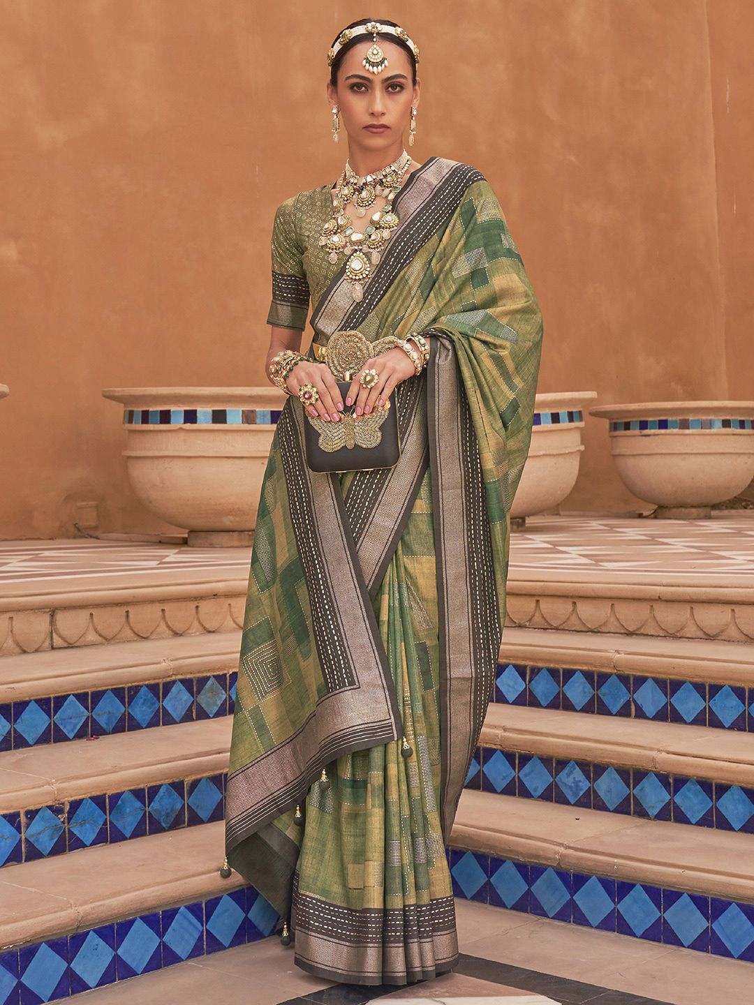 Anouk Olive Green & White Geometric Woven Design Zari Saree Price in India
