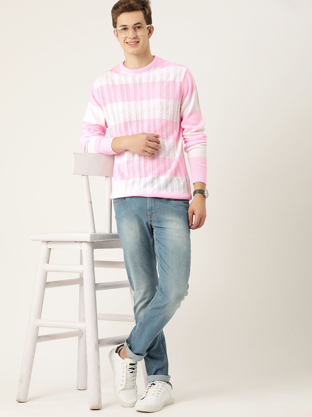 Mast & Harbour Acrylic Cable Knit Striped Pullover