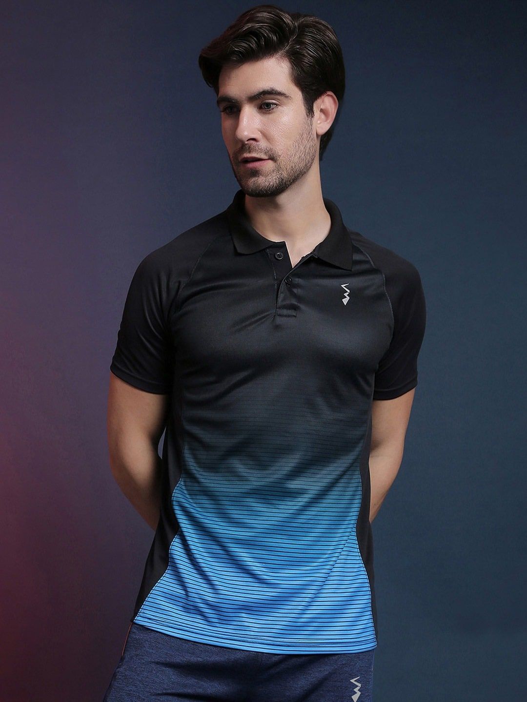 Campus Sutra Blue Relaxed Fit Polo Collar Colorblocked Sports T-Shirt