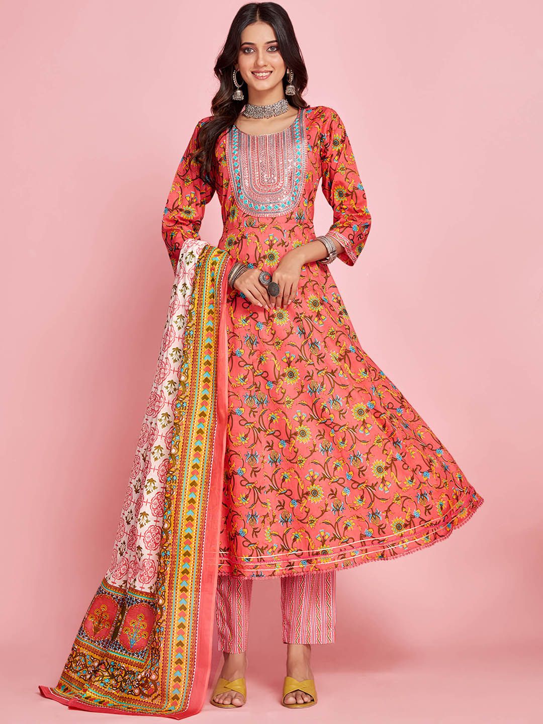 Sangria Peach Floral Printed Thread Work A-Line Kurta & Trouser With Dupatta Price in India