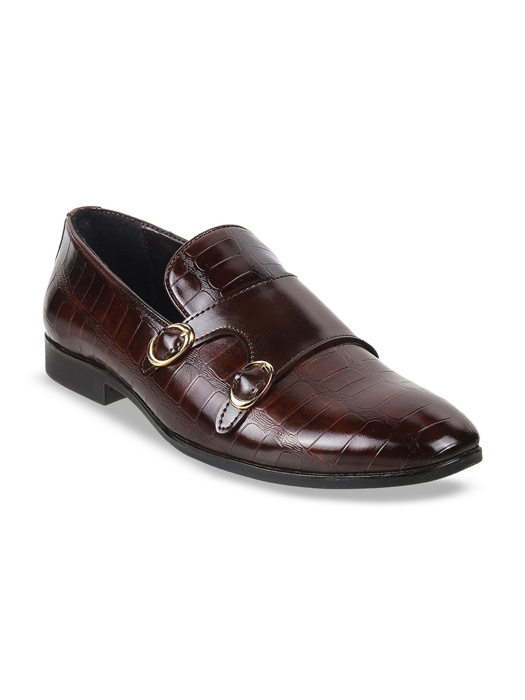 Mochi Men Textured Leather Formal Monk Shoes With Buckle Detail