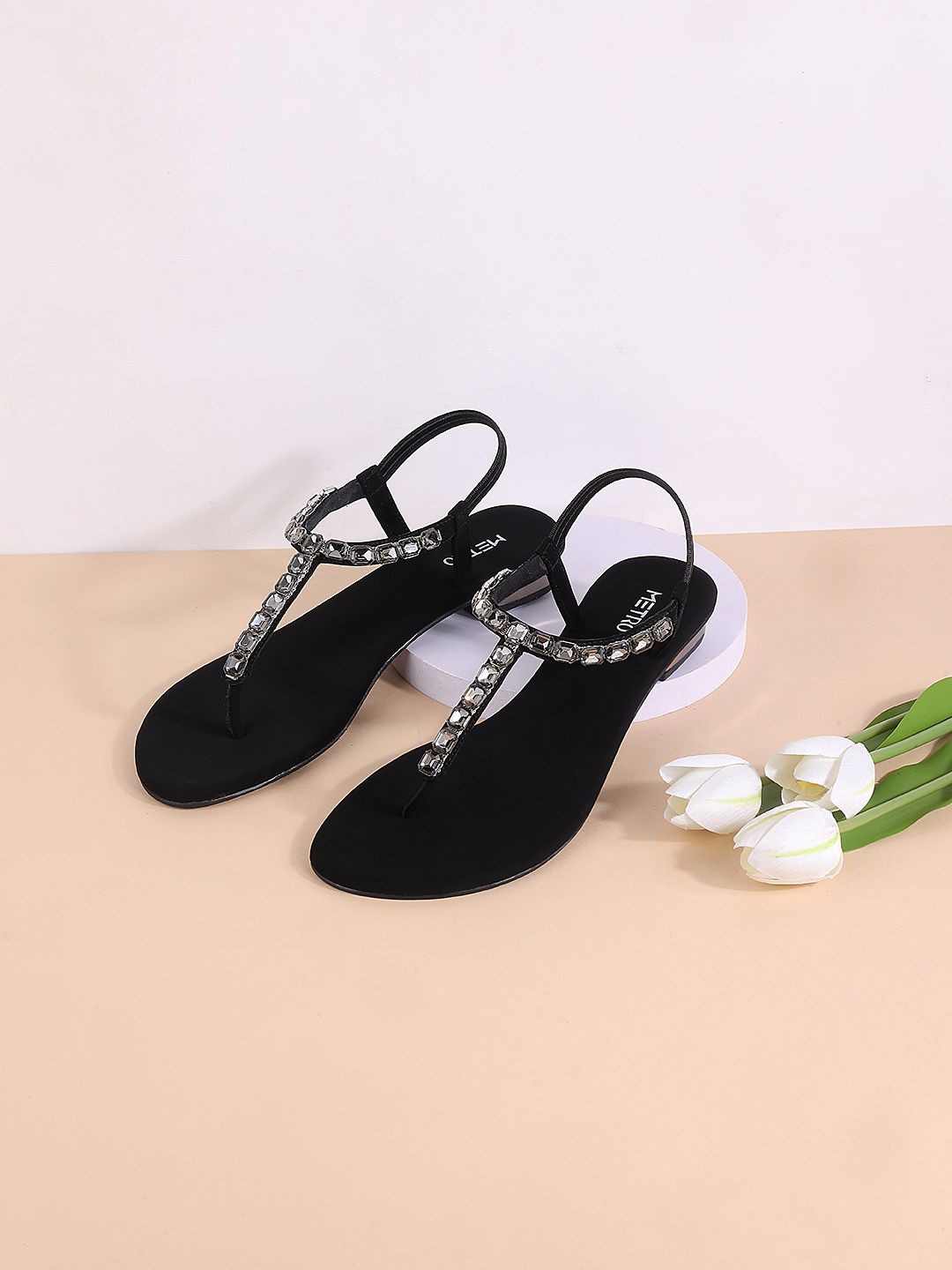 Metro Embellished T - Strap Block Heels With Backstrap