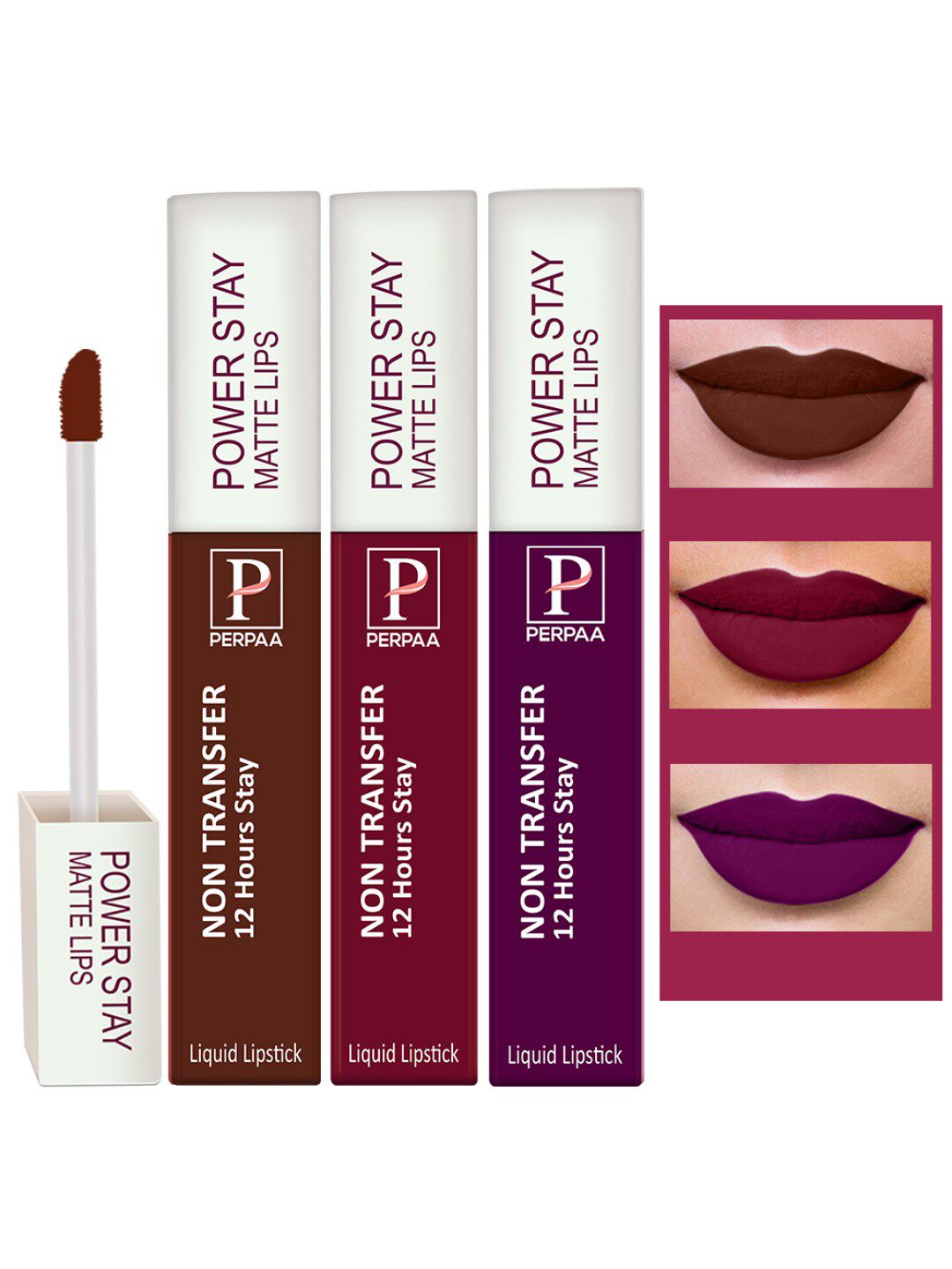 PERPAA Set of 3 Power Stay Non-Transfer Liquid Matte Lipstick with Castor Oil - 5 ml each