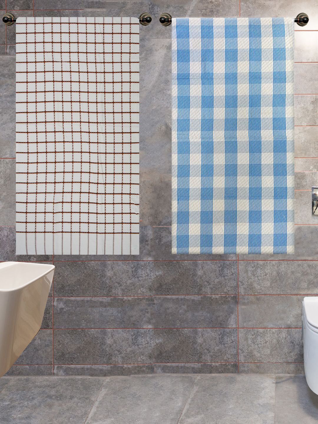 Athom Trendz White & Blue 2-Pieces Checked 210 GSM Pure Cotton Bath Towels