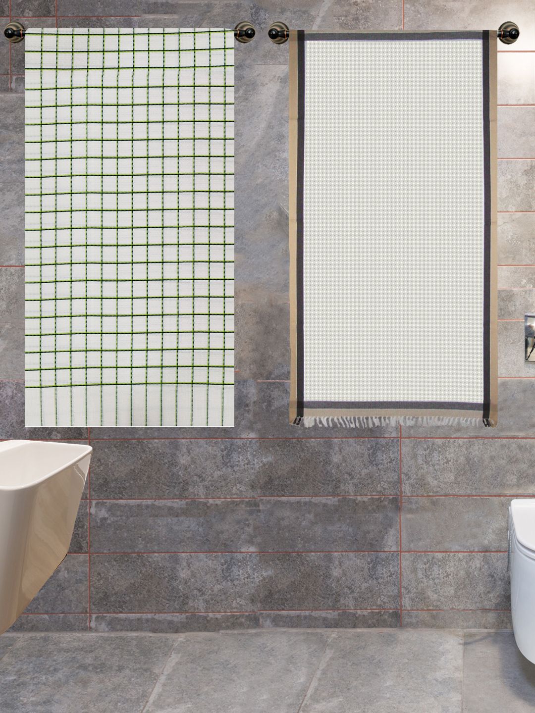 Athom Trendz Green & Grey 2-Pieces Checked Pure Cotton Bath Towels
