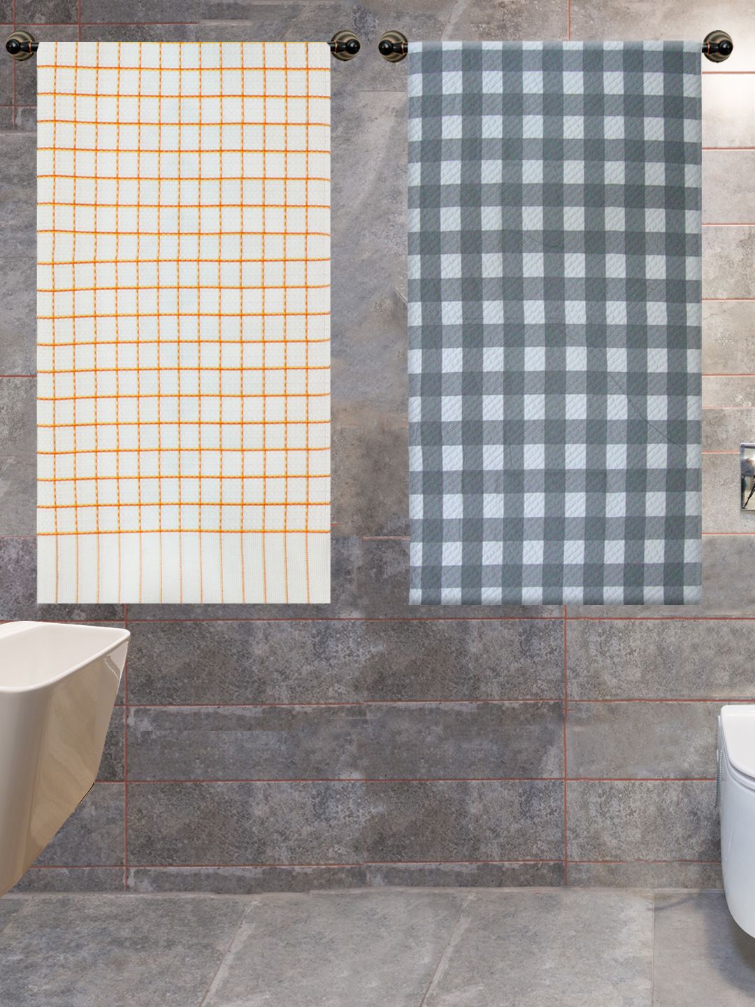 Athom Trendz White & Grey 2-Pieces Checked 210 GSM Pure Cotton Bath Towels
