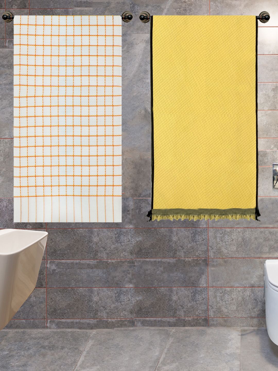 Athom Trendz 2-Pcs White & Yellow Checked 210 GSM Pure Cotton Bath Towels