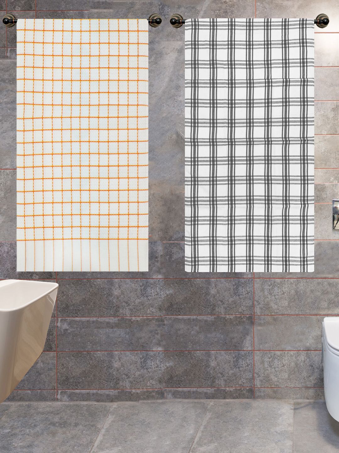 Athom Trendz Grey & White 2-Pieces Checked 210GSM Pure Cotton Bath Towels