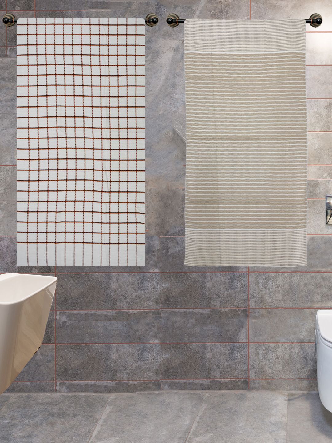 Athom Trendz 2-Pcs White & Beige Woven Design 210 GSM Pure Cotton Bath Towels