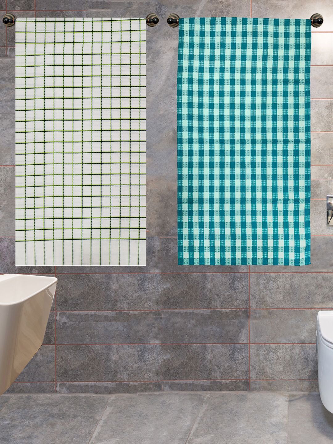Athom Trendz 2Pcs Blue & Green Checked 210 GSM Pure Cotton Bath Towels