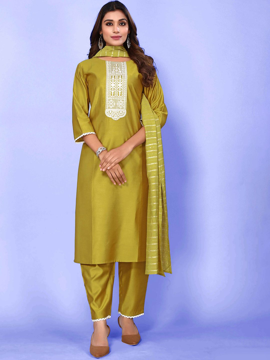 Happy Design Women Olive Green Ethnic Motifs Yoke Design Regular Thread Work Kurta with Trousers & With Price in India