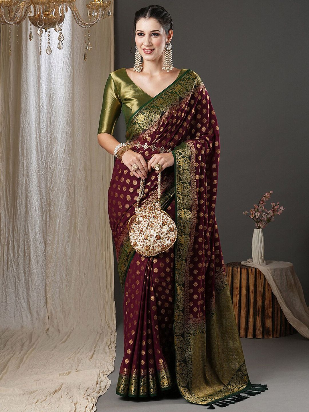 Anouk Burgundy & Green Ethnic Motifs Woven Design Zari Pure Georgette Kanjeevaram Saree Price in India