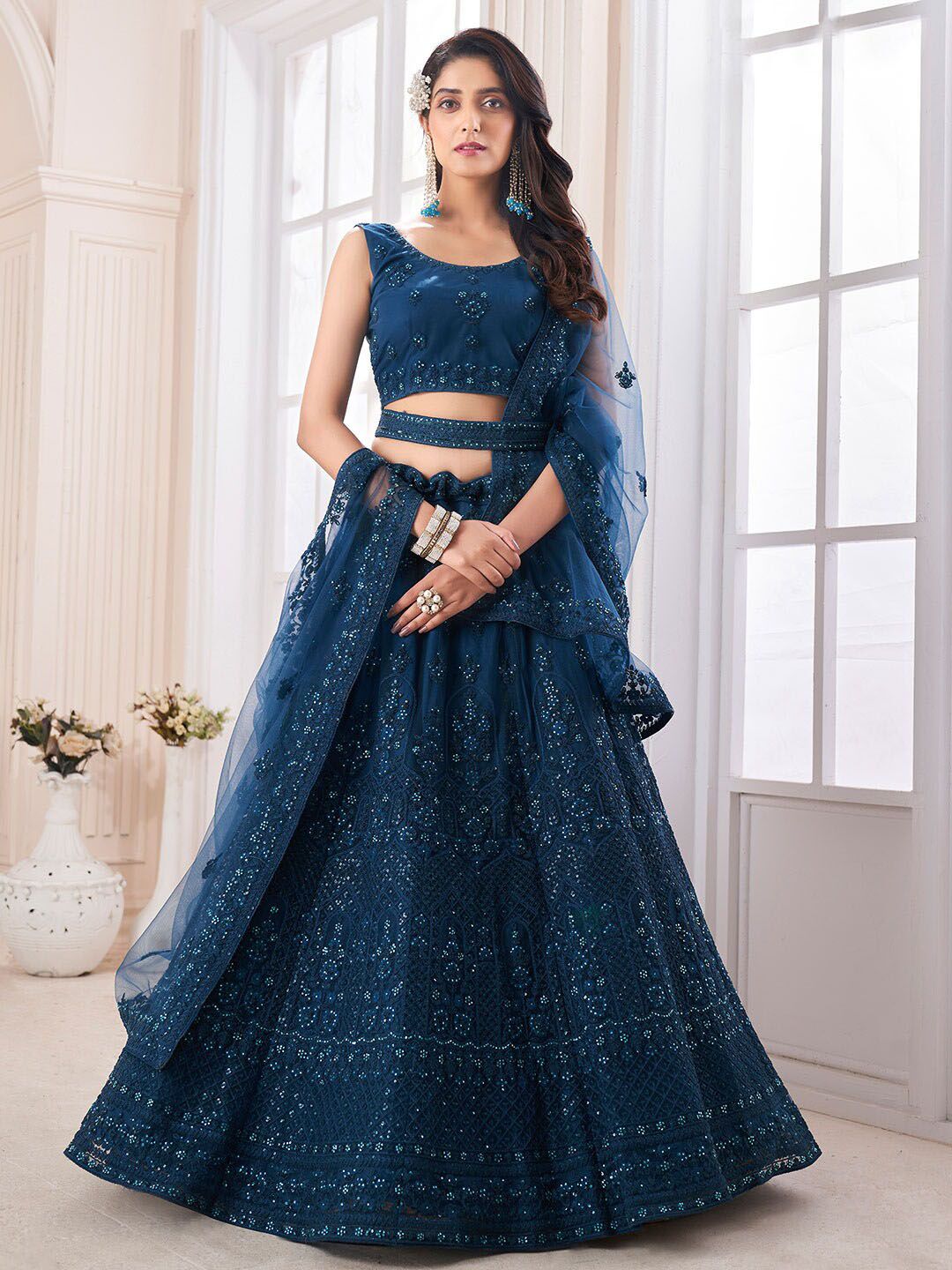 Fusionic Navy Blue Embroidered Thread Work Semi-Stitched Lehenga & Unstitched Blouse With Dupatta Price in India