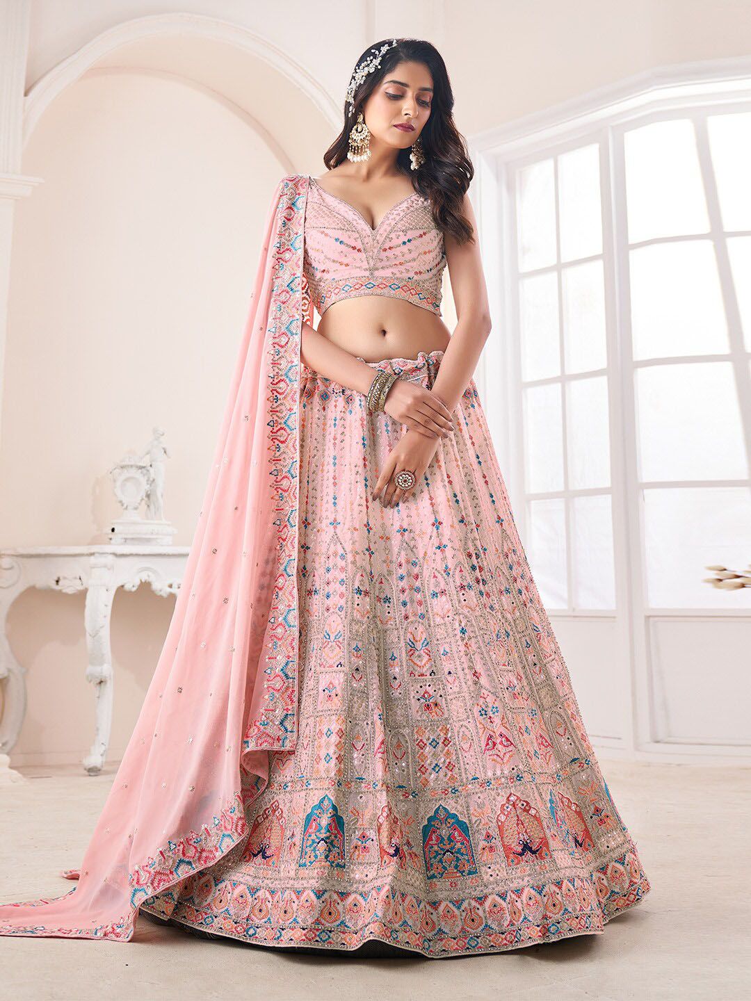 Fusionic Peach-Coloured & Blue Embroidered Thread Work Semi-Stitched Lehenga & Unstitched Blouse With Dupatta Price in India