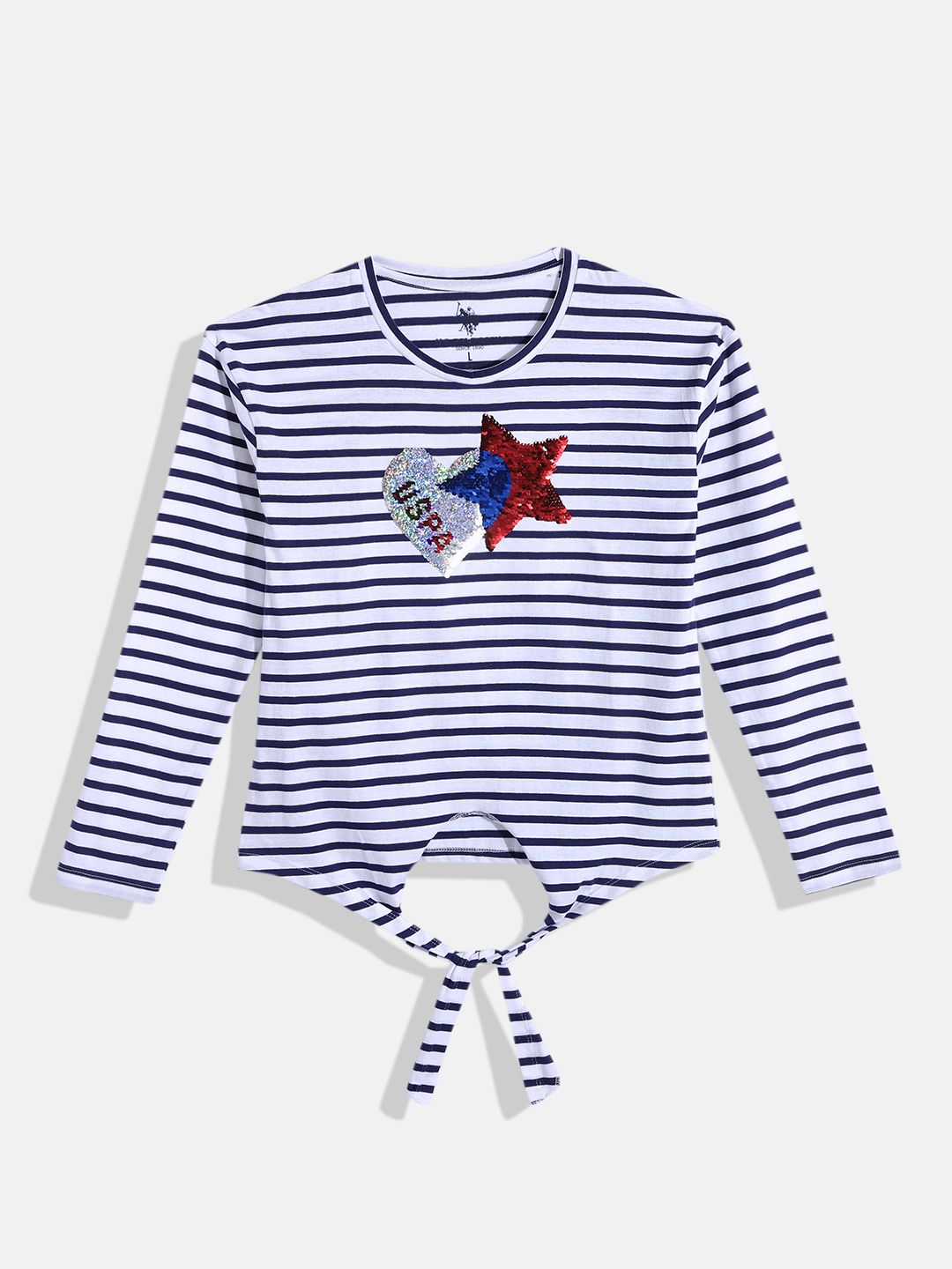 U.S. Polo Assn. Kids Girls Horizontal Stripes Pure Cotton Top With Sequinned Detail