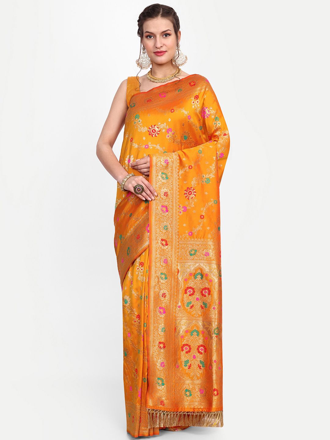 Dhyey Fashion Yellow & Red Woven Design Zari Silk Blend Leheriya Saree Price in India