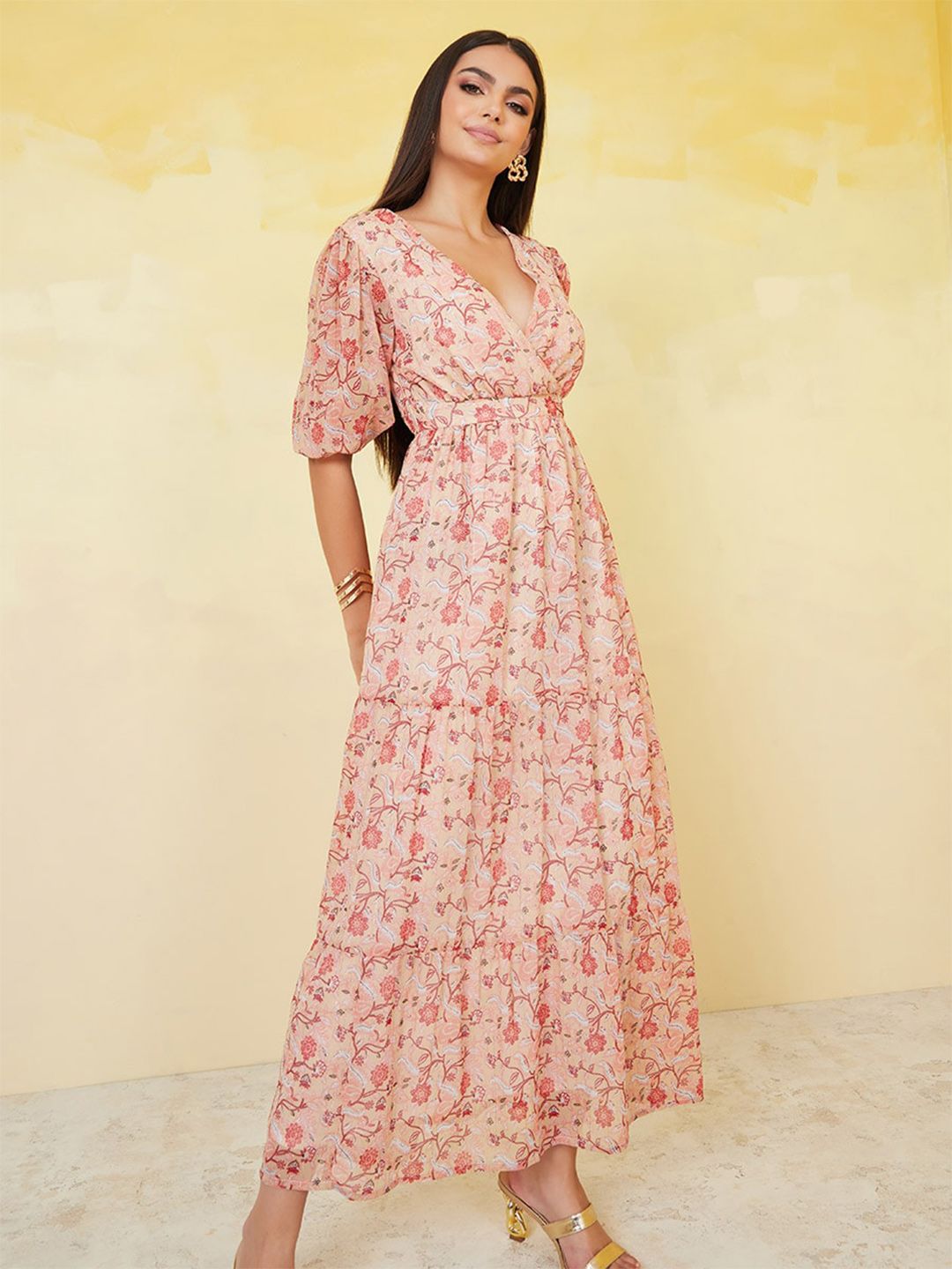 Styli Pink Floral Print Puff Sleeve Maxi Dress Price in India