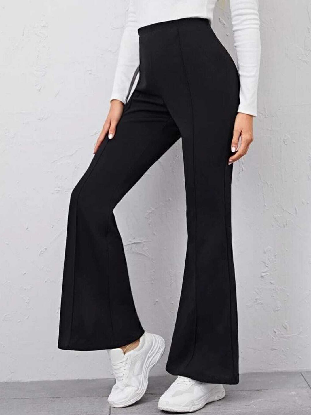 BROADSTAR Women Black Relaxed Straight Leg Flared High-Rise Easy Wash Trousers Price in India