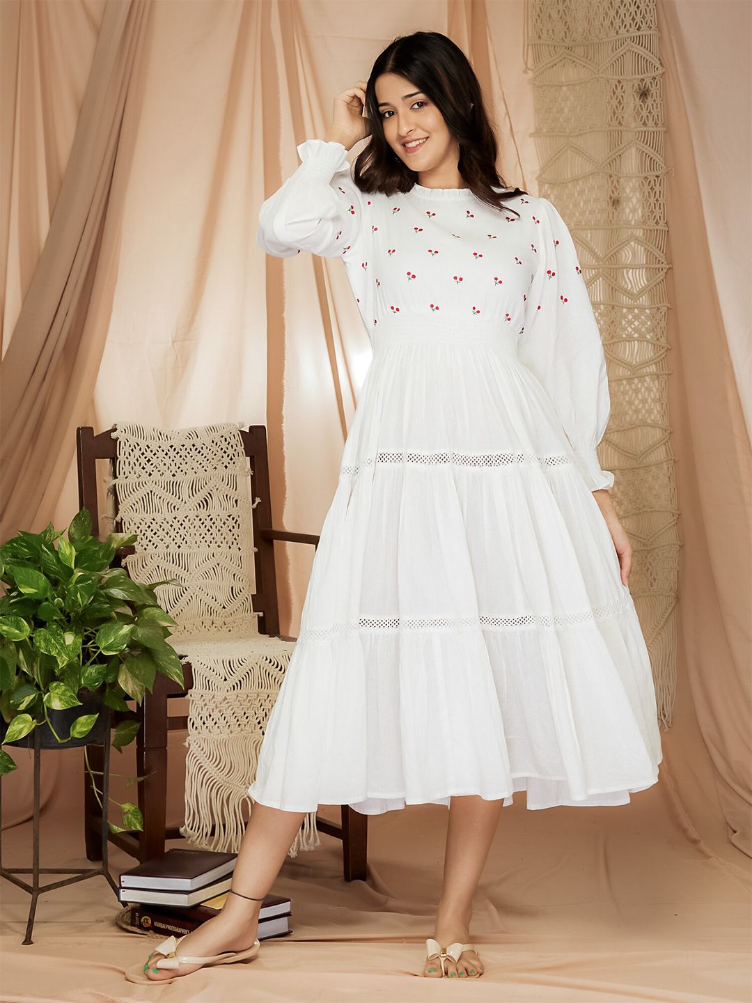 Aaheli Self Designed Lace Detailed High Neck Puff Sleeves Fit & Flare Dress Price in India