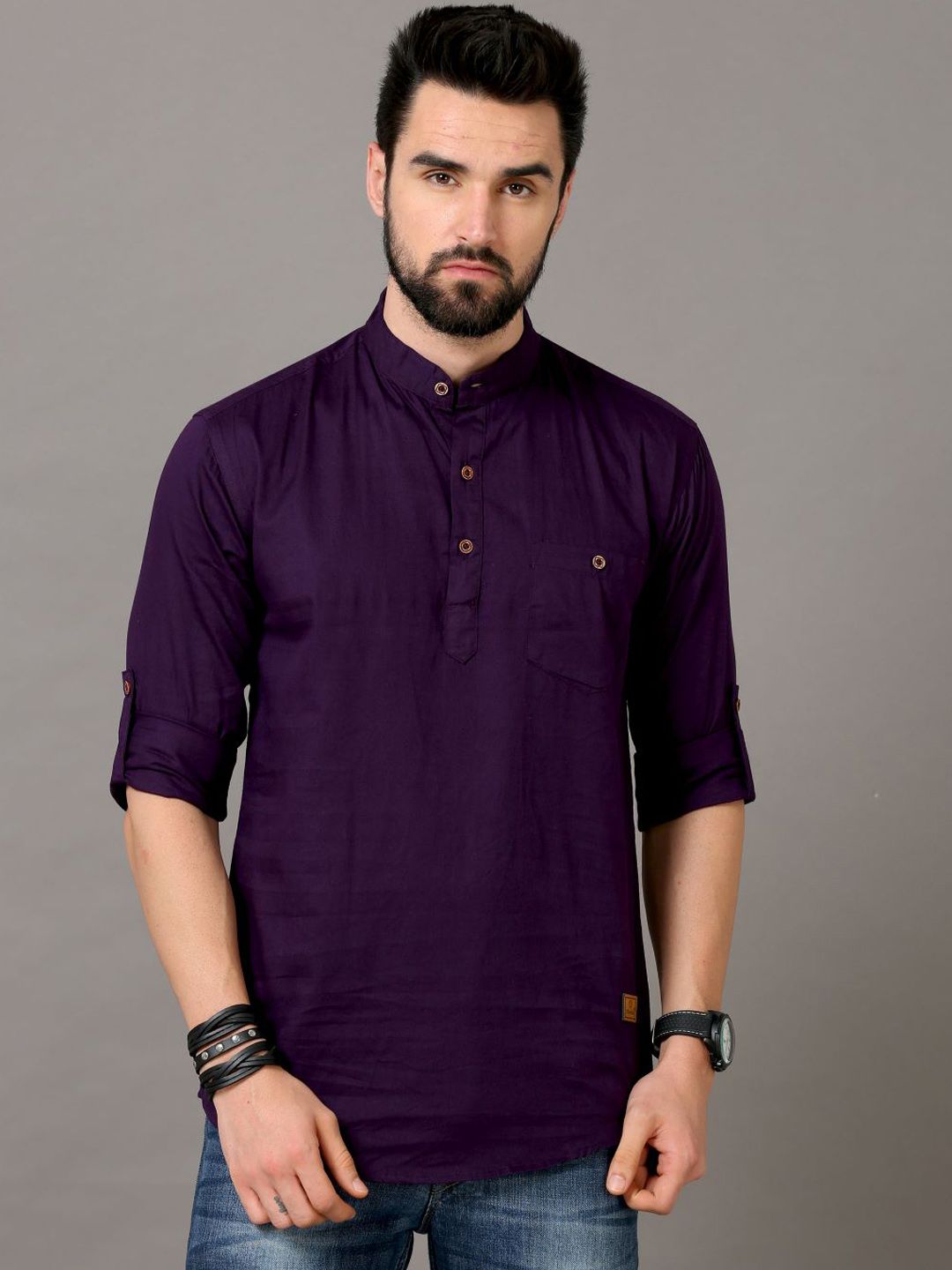 Tallwalker Mandarin Collar Roll-Up Sleeves Straight Kurta