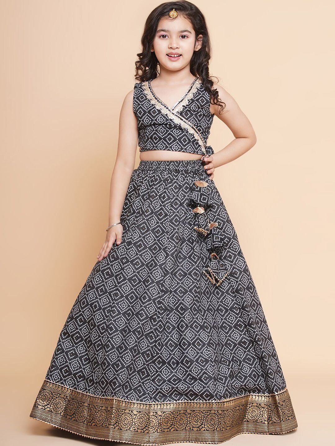 Bitiya by Bhama Girls Bandhani Printed Ready to Wear Cotton Choli With Lehenga Price in India