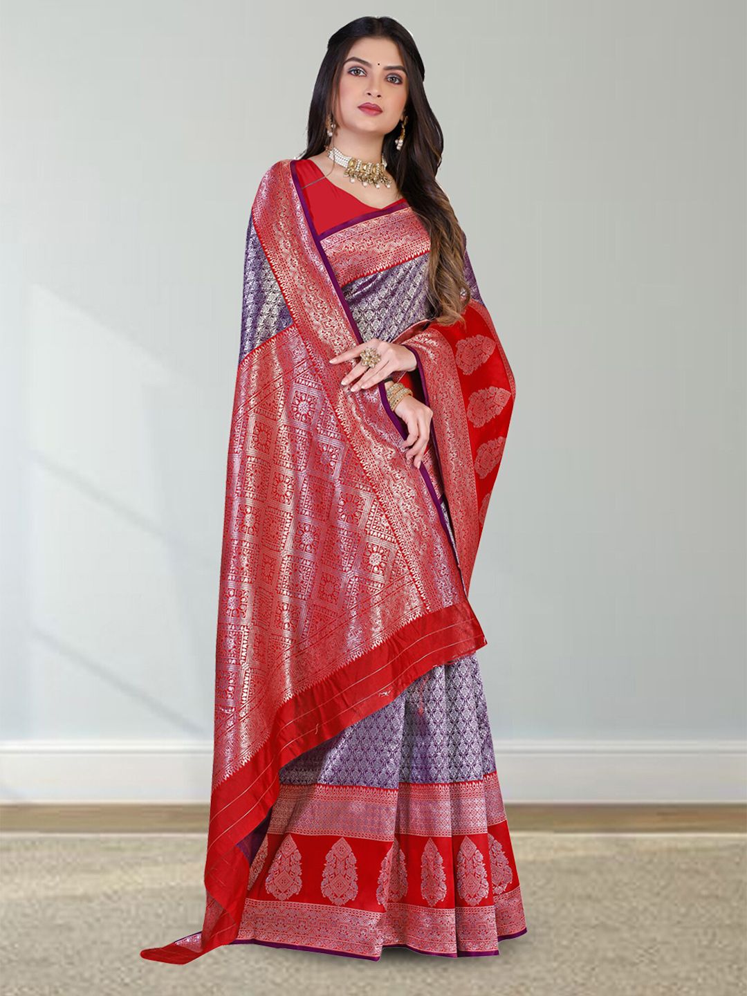 N N ENTERPRISE Purple & Red Woven Design Zari Silk Blend Kanjeevaram Saree Price in India