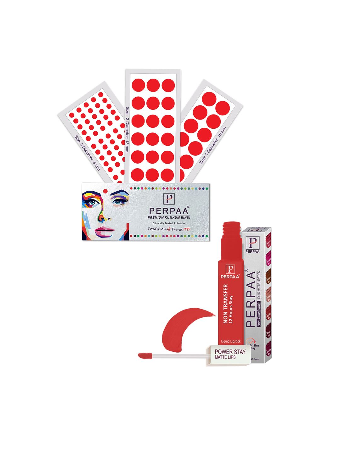 PERPAA Power Stay Non Transfer Lipstick - Shade 01 & Set of 3 Premium Red Bindis