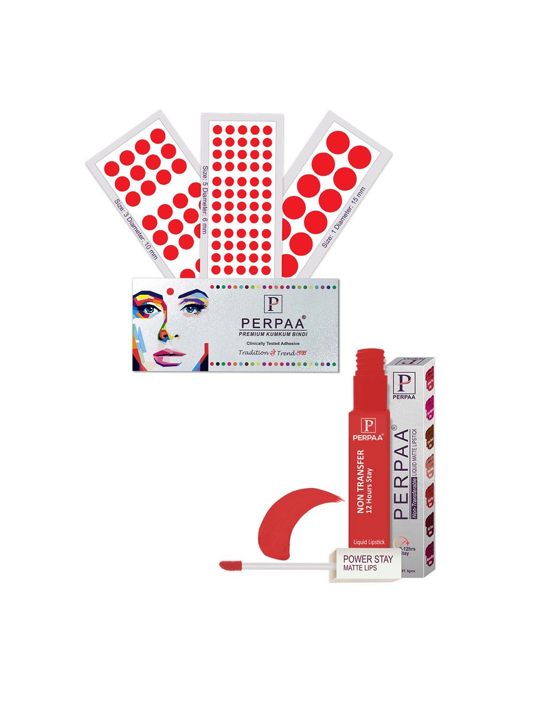 PERPAA Power Stay Non Transfer Lipstick - Shade 01 & Set of 3 Premium Red Bindis