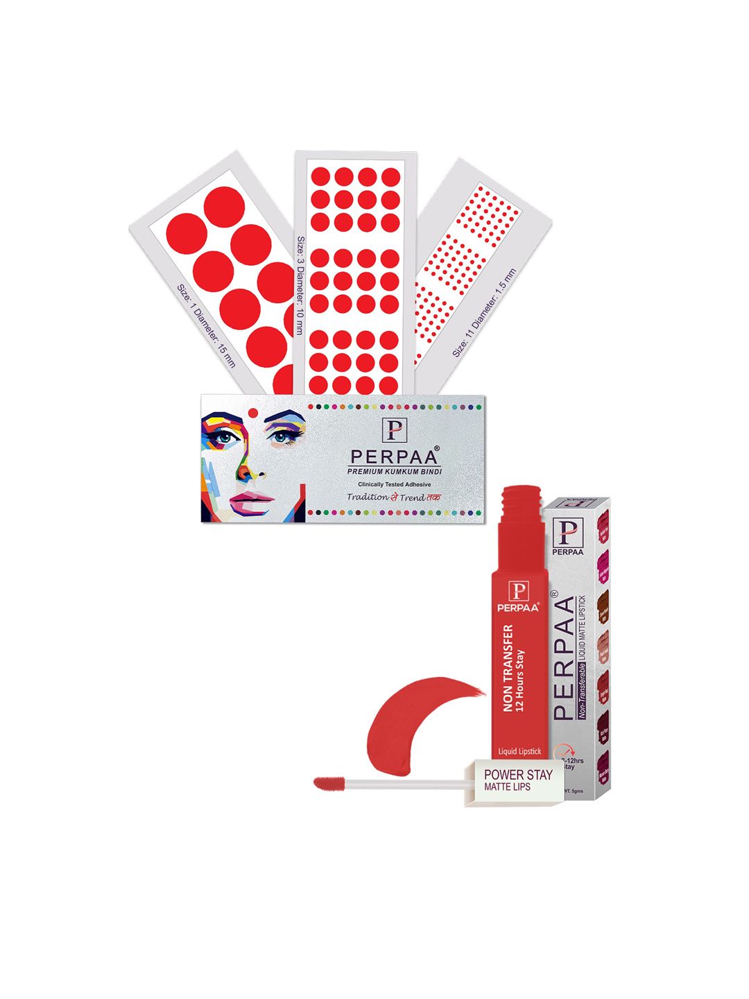 PERPAA Power Stay Non Transfer Lipstick - Shade 01 & Set of 3 Premium Red Bindis