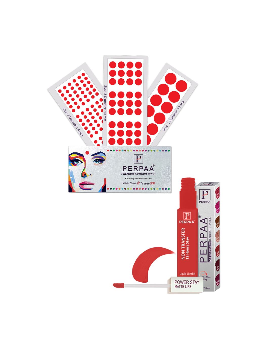 PERPAA Power Stay Non Transfer Lipstick - Shade 01 & Set of 3 Premium Red Bindis